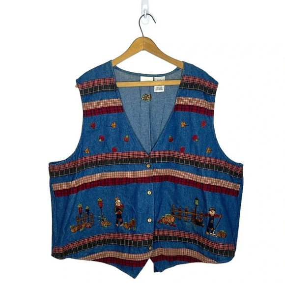 Bobbie Brooks Plus Size 22W 24W Denim Vest Scarecrow Pumpkin Fall Embroidered - Picture 1 of 10